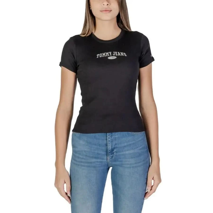 Black fitted T-shirt featuring Tommy Jeans graphic from Tommy Hilfiger Jeans collection