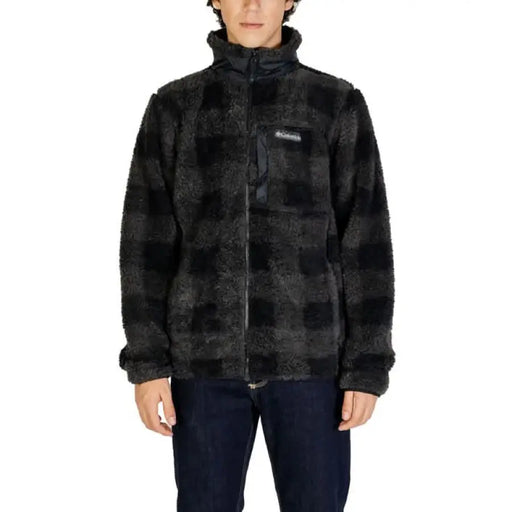 Black and gray checkered fleece zip-up jacket with a high collar by Columbia Men