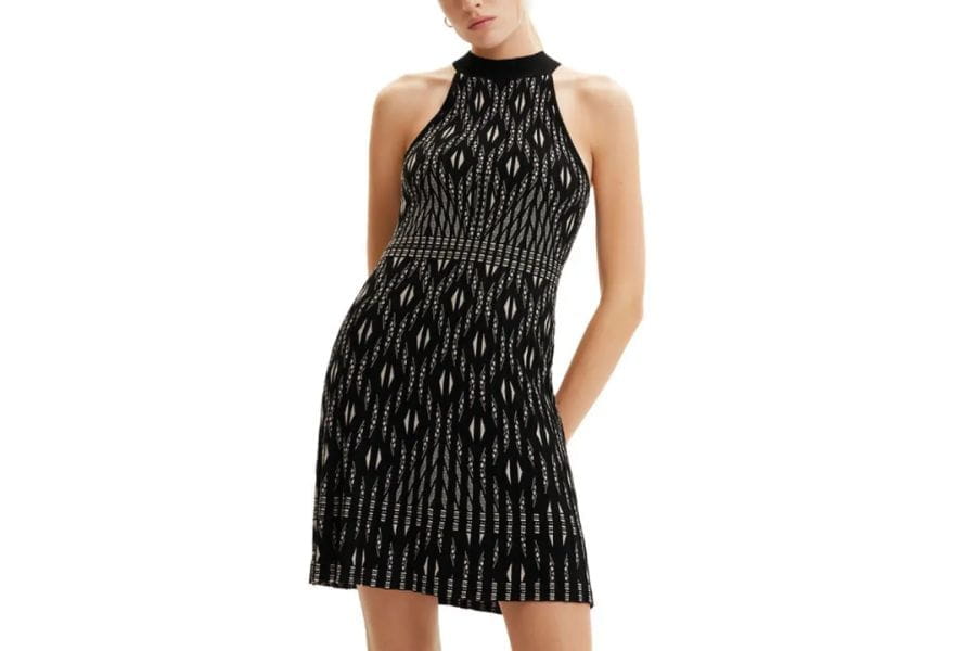 Stylish black halter-neck dress with metallic geometric pattern ideal for summer outfit ideas.