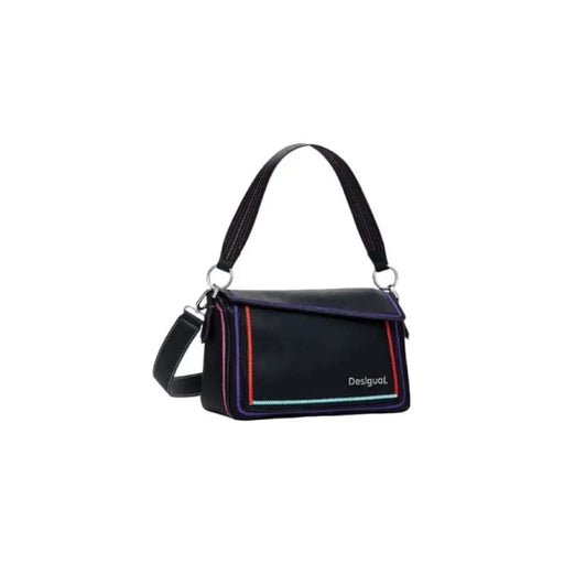 Black handbag with colorful stripe accents and Desigual logo for women