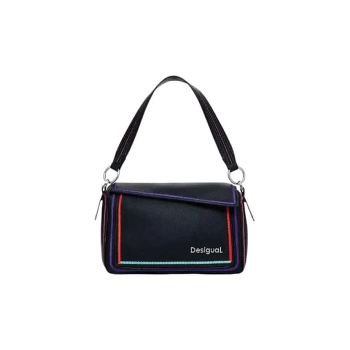 Black handbag with colorful trim featuring Desigual branding for women