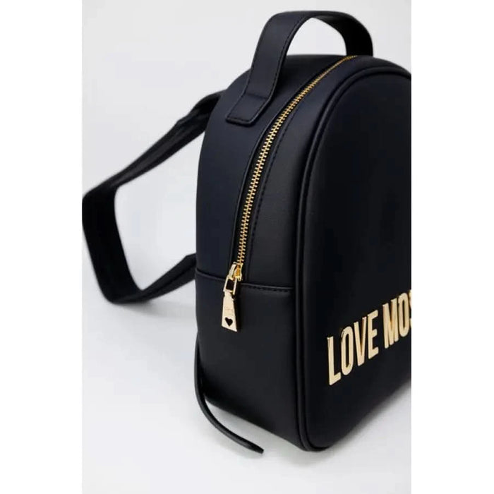 Black handbag with gold Love Moschino lettering and zipper detail for women