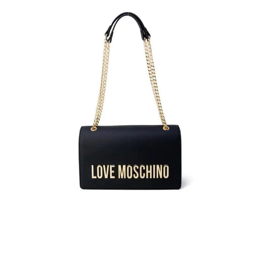 Black handbag with gold Love Moschino lettering and chain strap for women