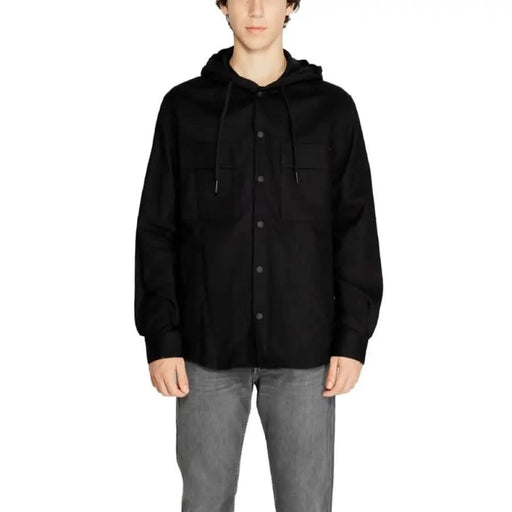 Black hooded button-up jacket worn by person from Antony Morato Men collection