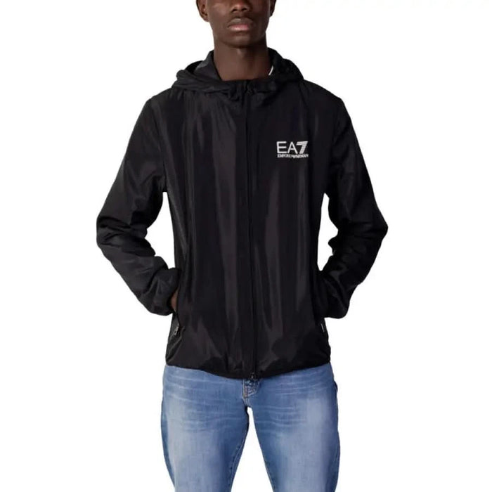 Black hooded jacket featuring EA7 logo, part of Ea7 Men Blazer collection