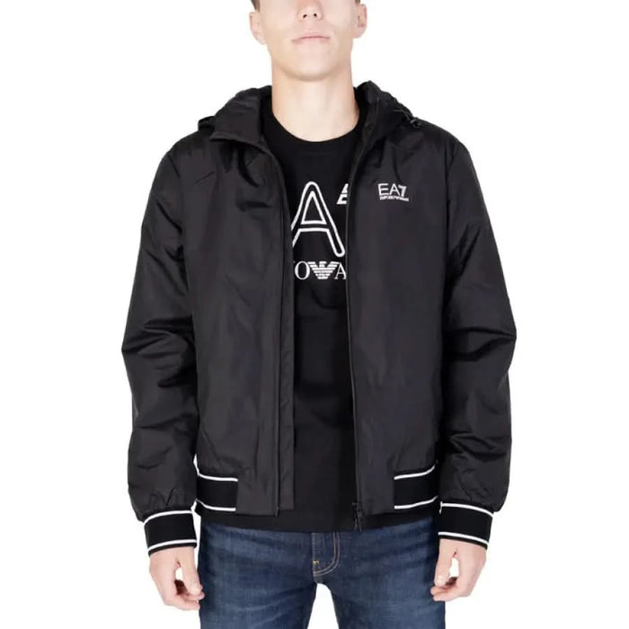 Black hooded jacket with EA7 branding modeled by a person in Ea7 Men Blazer