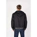 Black hooded EA7 jacket featuring EA branding on the bottom hem, viewed from the back