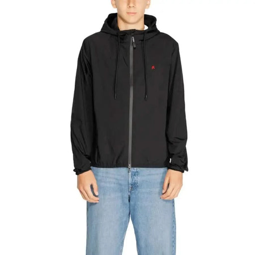 Black hooded jacket with zipper and red logo from Replay Men Jacket collection