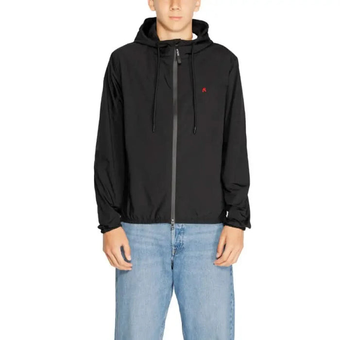 Black hooded jacket with zipper and red logo from Replay Men Jacket collection