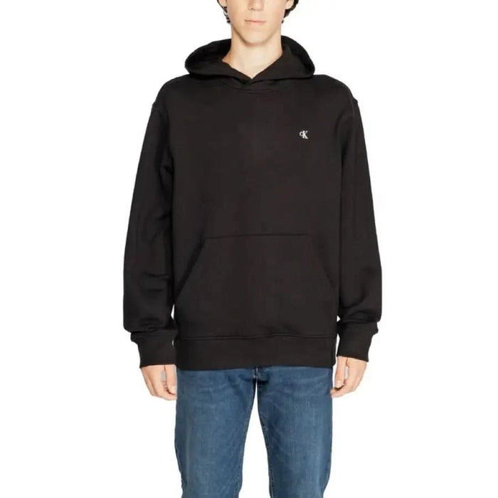 Black hooded sweatshirt with embroidered logo, part of Calvin Klein Men Sweatshirts collection