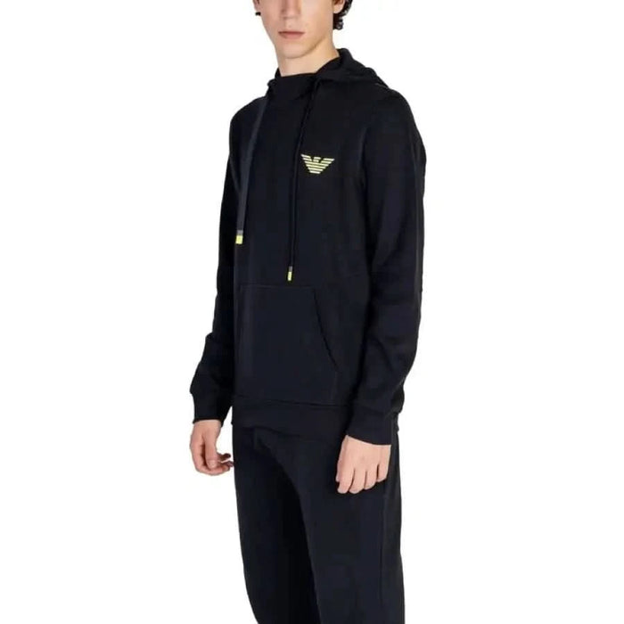 Black hooded sweatshirt featuring Emporio Armani logo on chest for men