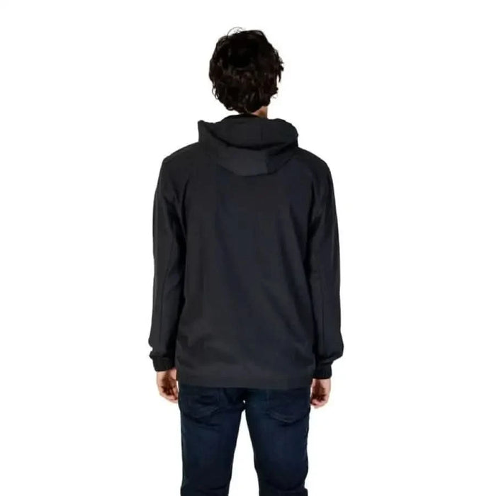 Black hooded sweatshirt from behind featuring New Balance Men Jacket design