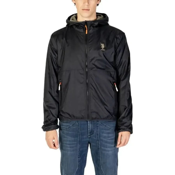 Black hooded windbreaker jacket with logo from U.S. Polo Assn. for men