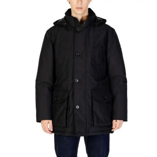 Black hooded winter parka with button closures and front pockets from Boss Men Jacket