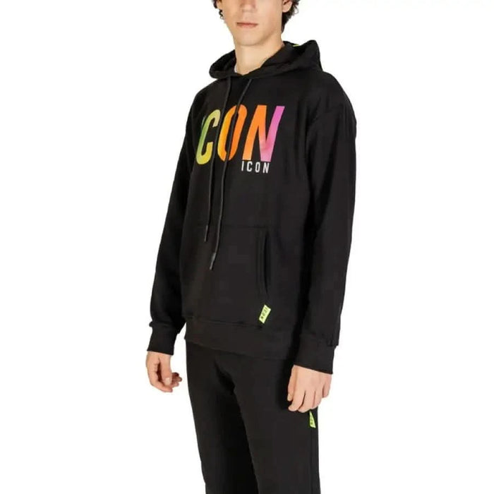 Black hoodie featuring vibrant ’ICON’ text, part of Icon Men Sweatshirts collection