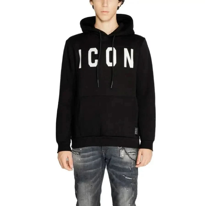 Black hoodie sweatshirt with ICON print, round neck, part of Icon Men Sweatshirts