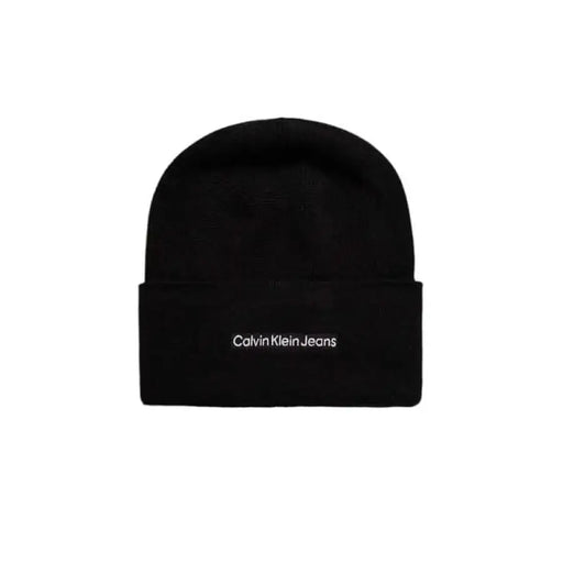 Black knit beanie featuring Calvin Klein Jeans logo from Calvin Klein Men Cap collection