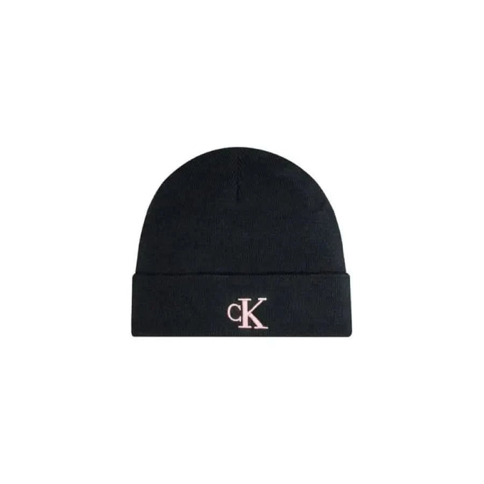 Black knit beanie with CK logo on folded brim, featured in Calvin Klein Women Cap