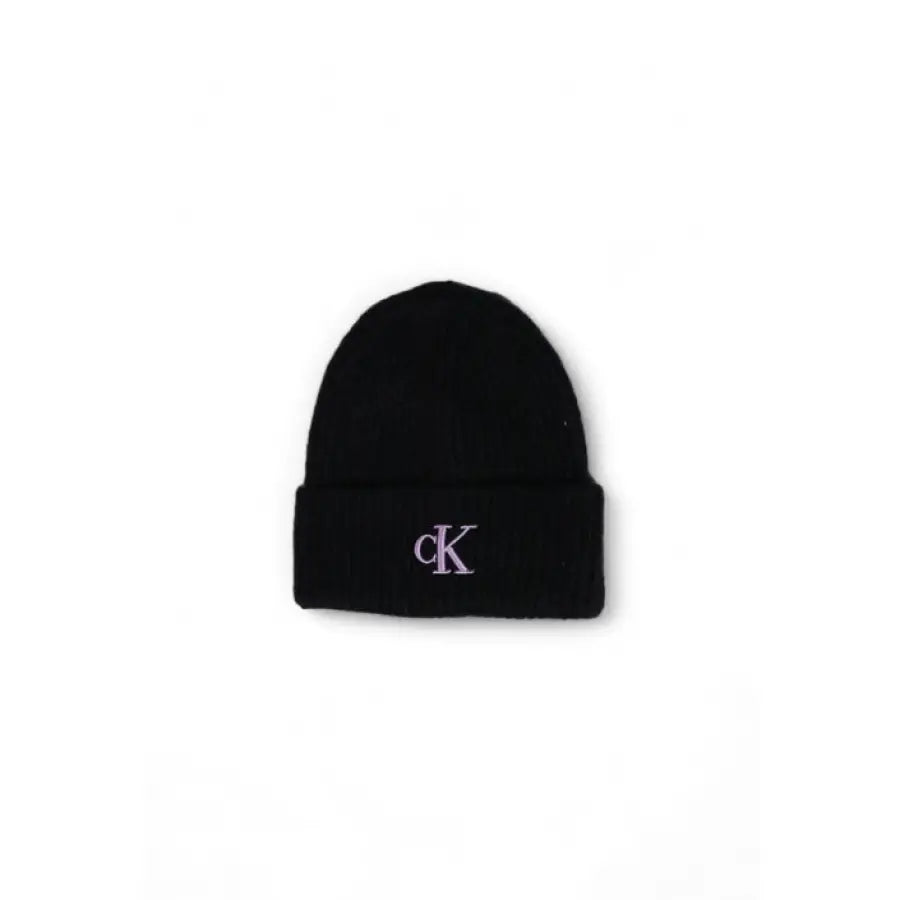 Black knit beanie with purple ‘CK’ logo, product: Calvin Klein Women Cap