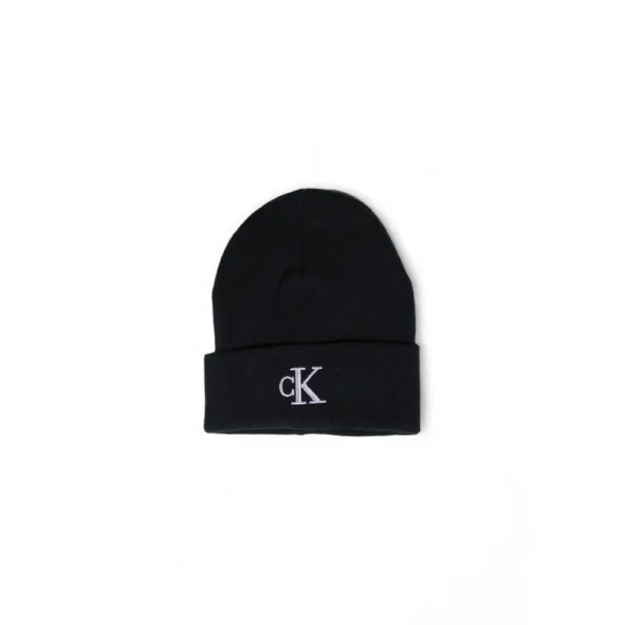 Calvin Klein black knit beanie with ’CK’ logo on folded brim for women