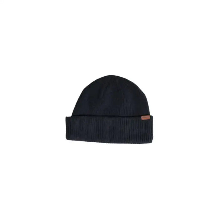 Black knit beanie with a folded brim and leather tag from Columbia Men Cap