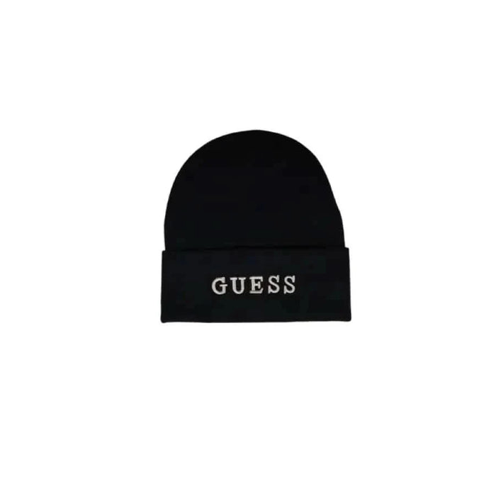 Black knit beanie hat with GUESS embroidery featured in Guess Women Cap product