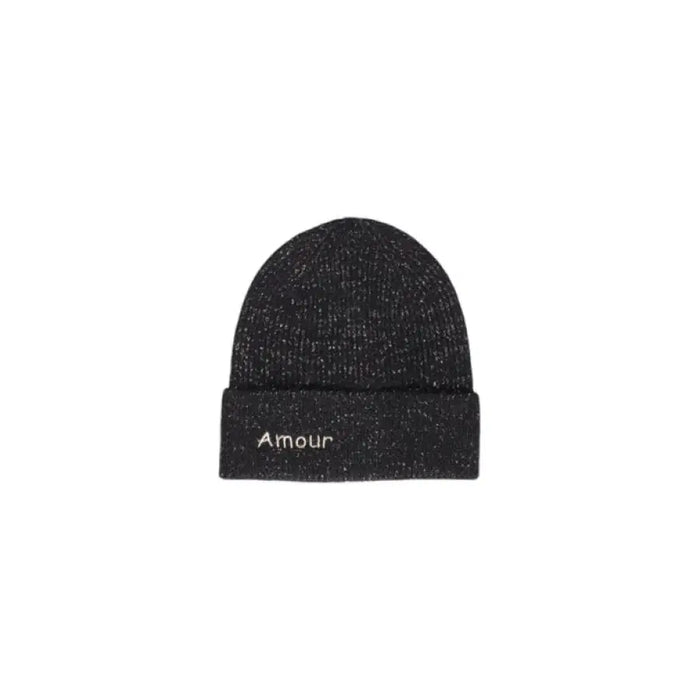 Black knit beanie with Amour embroidery, part of the Pieces Women Cap collection