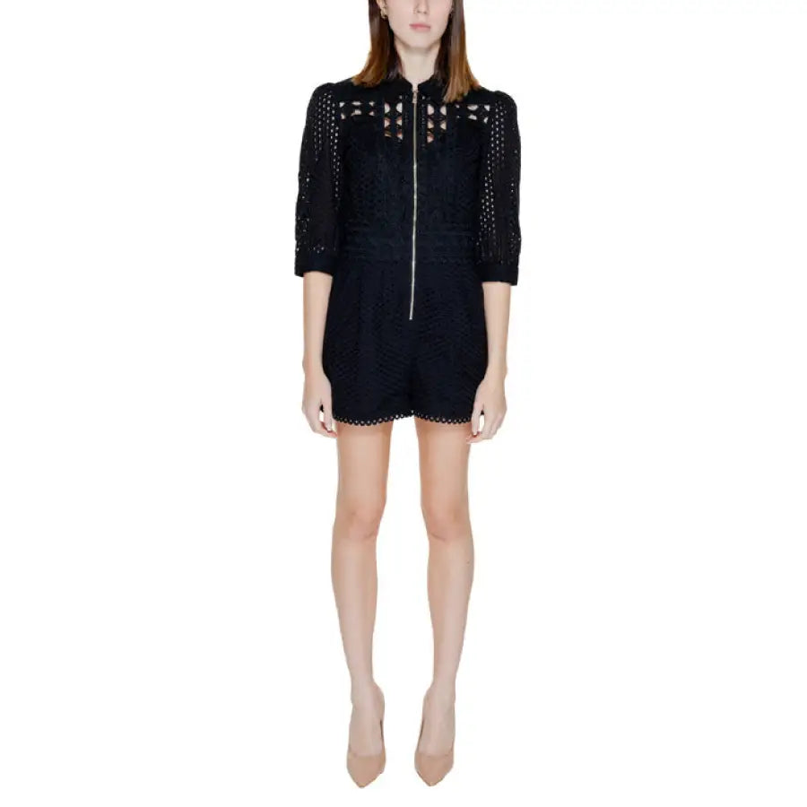 Morgan De Toi: Black lace romper with front zipper and three-quarter length sleeves