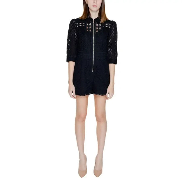 Morgan De Toi: Black lace romper with front zipper and three-quarter length sleeves