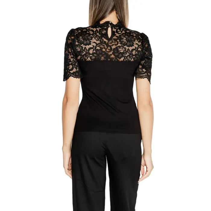 Black lace top with short sleeves and high neckline from Morgan De Toi Women’s T-Shirt