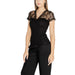 Black lace-trimmed short sleeve V-neck top by Morgan De Toi for women