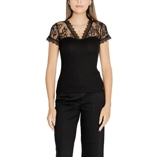 Black lace-trimmed V-neck short sleeve top by Morgan De Toi for women