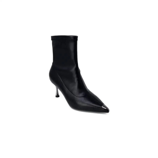 Black leather ankle boot by Cult, featuring a pointed toe and thin stiletto heel