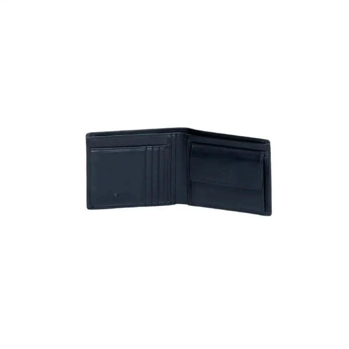 Black leather bifold wallet by Guess, showcasing interior compartments in an open view