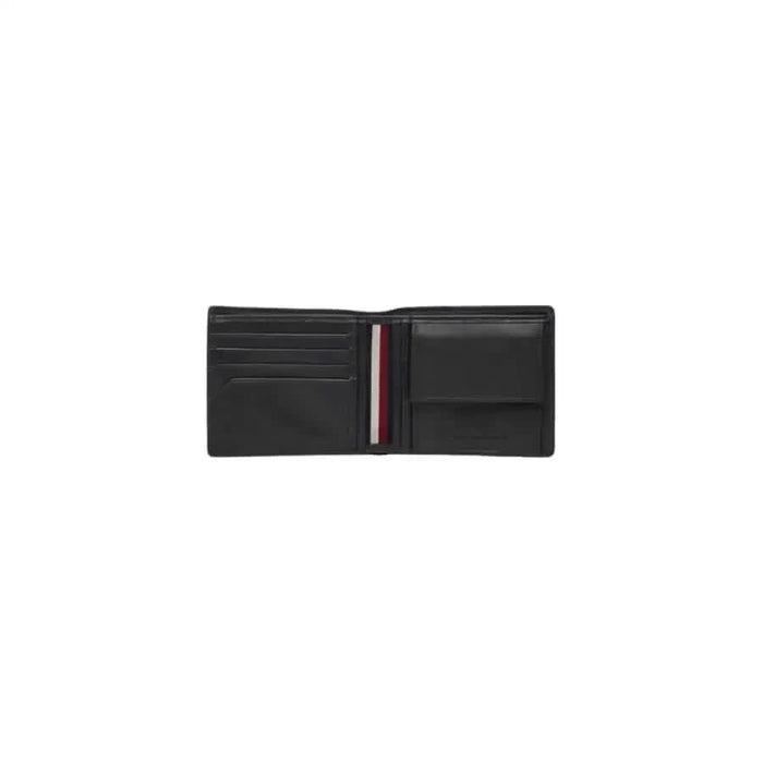 Black leather bifold Tommy Hilfiger men wallet with card slots and coin pocket