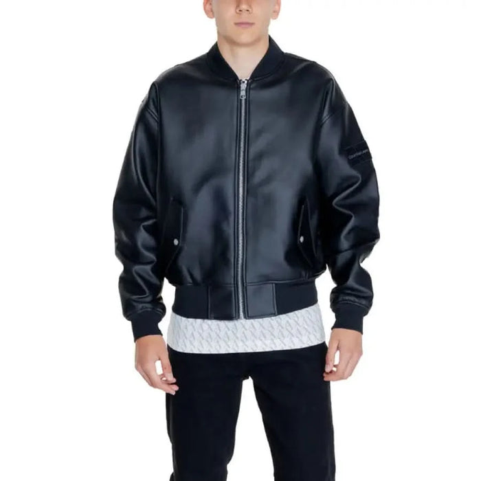 Black leather bomber jacket with front zipper from Calvin Klein Men’s collection