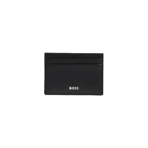 Black leather card holder featuring BOSS branding from the Boss Men Wallet collection