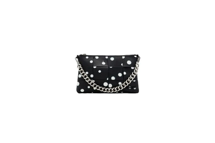 Black leather clutch bag with silver studs and chain strap for summer outfit ideas.