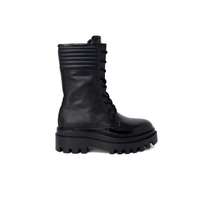 Black leather combat boot with chunky sole and lace-up front - Calvin Klein Jeans Women Boots