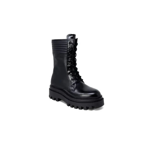 Calvin Klein Jeans Women Boots - Black Leather Combat Boot with Thick Treaded Sole