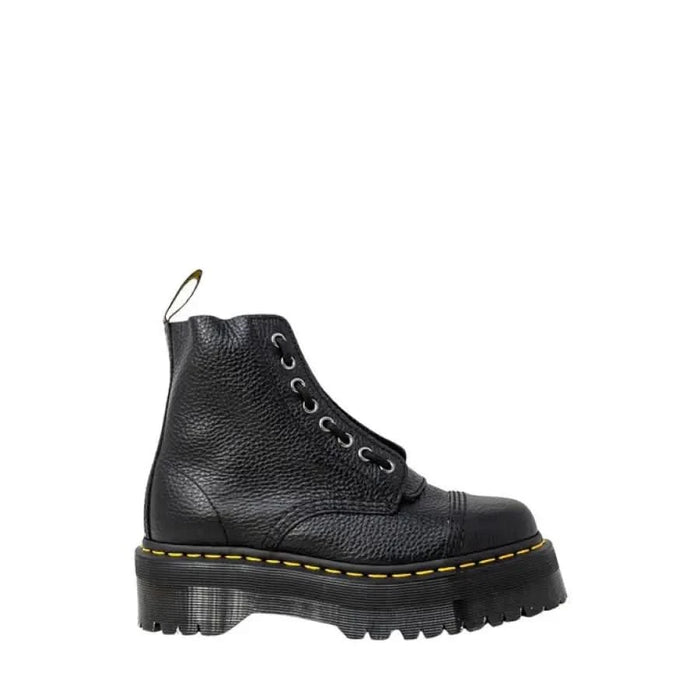 Black leather combat boot with thick platform sole and yellow stitching - Dr. Martens Women Boots