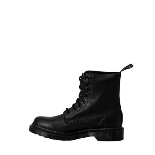 Black leather Dr. Martens combat boot with laces and chunky sole for women