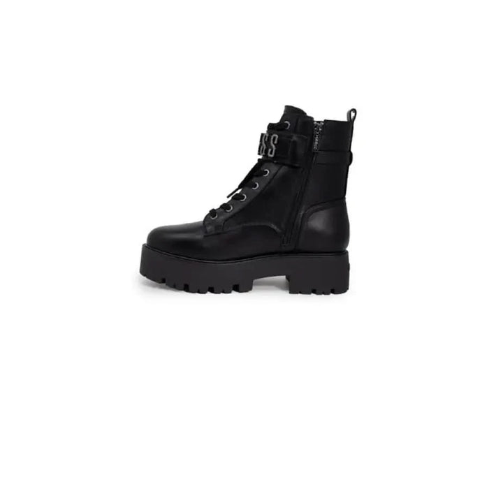 Guess Women’s Black Leather Combat Boot with Chunky Platform Sole and Side Zipper