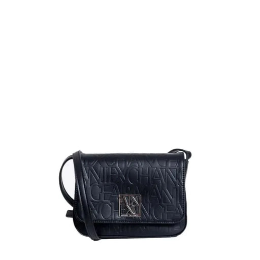 Black leather crossbody handbag with embossed lettering and metal logo by Armani Exchange