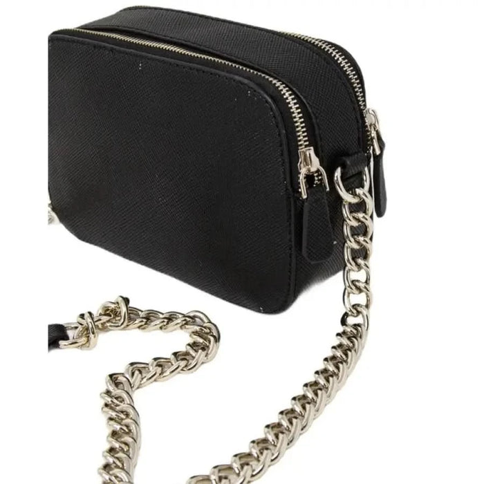 Black leather Guess women’s crossbody bag with silver chain strap and zipper closure