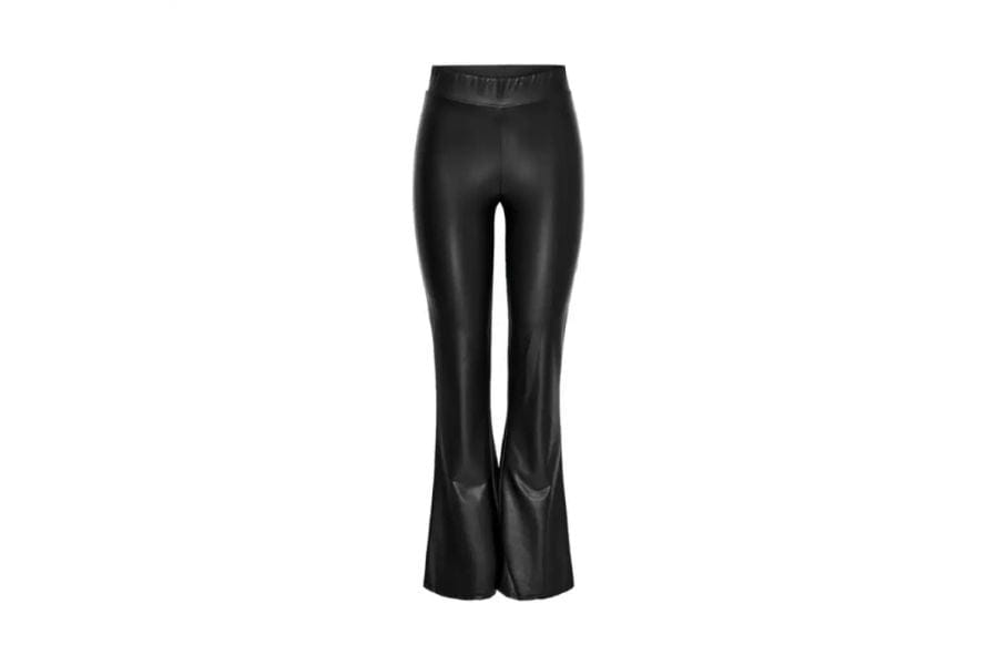 Black leather flared pants with high waist in retro style fashion article.