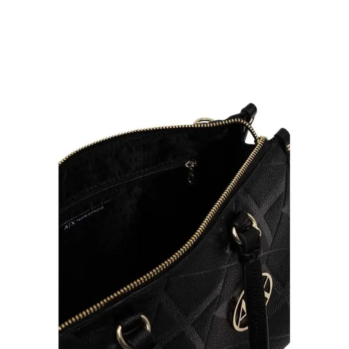 Black leather handbag by Armani Exchange with gold-toned zipper and hardware