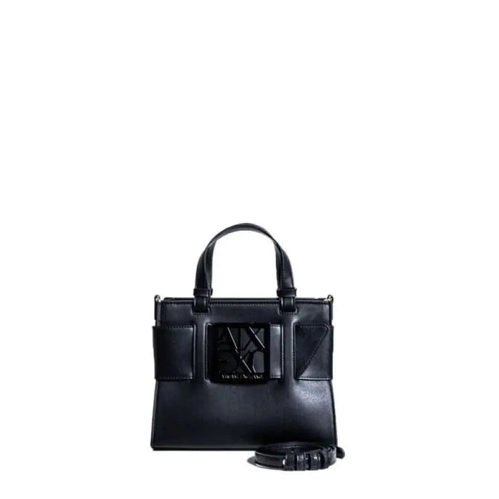 Black leather handbag with structured design and logo emblem from Armani Exchange