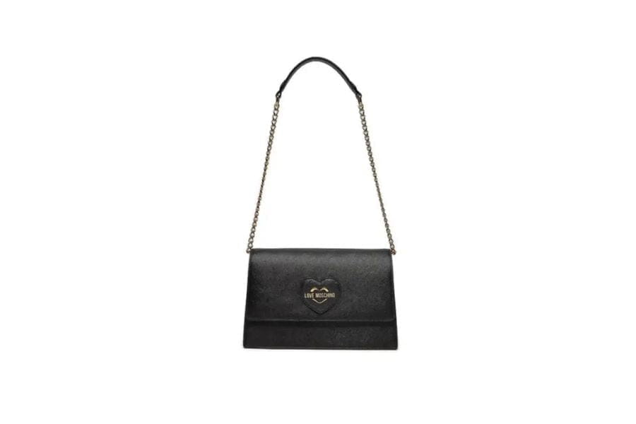 Black leather handbag with chain strap and gold clasp, ideal for summer work outfits.