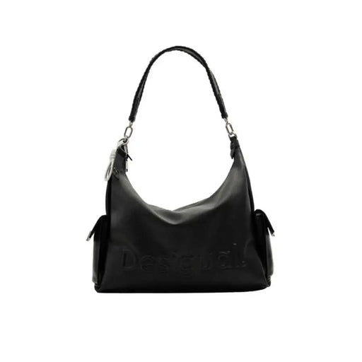 Black leather handbag with shoulder strap and side pockets from Desigual Women Bag